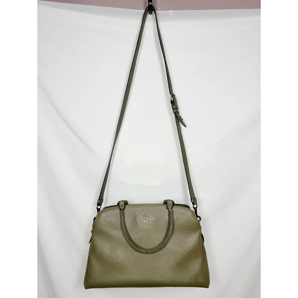 COACH Mini Lillie Carryall Crossgrain Leather Satchel Crossbody Dark Olive Green